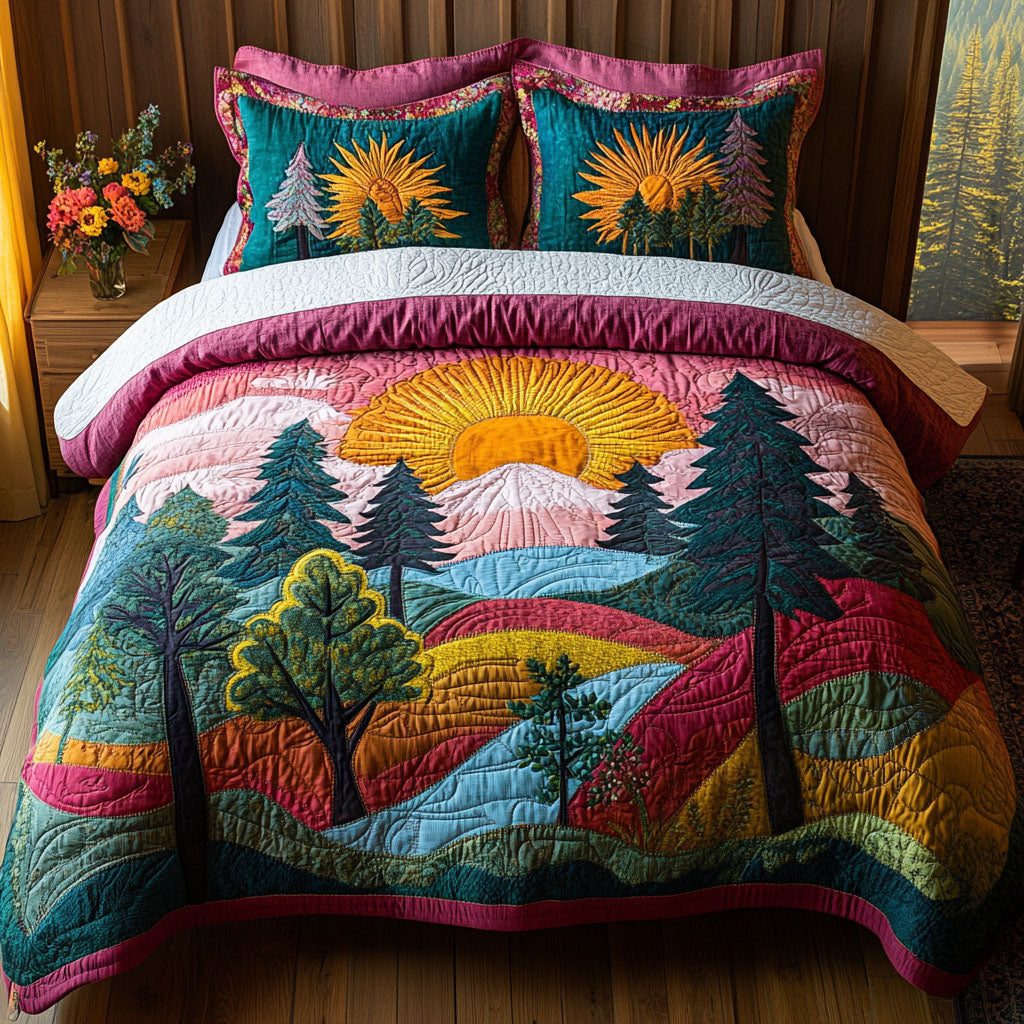 Forest Glow Dreamscape quilted 3-piece bedding set on a made bed with two matching pillow shams