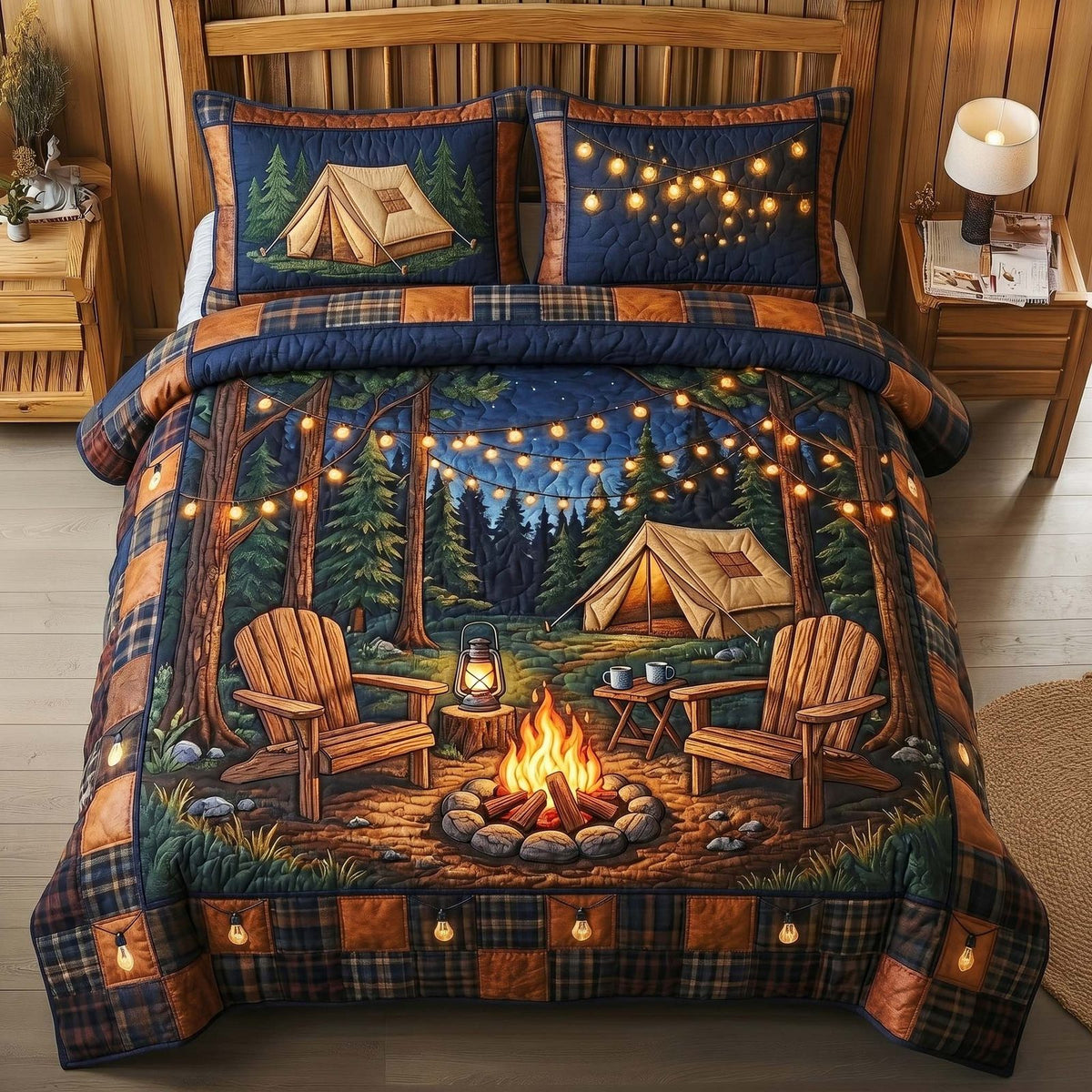 Forest Glow Night quilted 3-piece bedding set on a made bed with two matching pillow shams