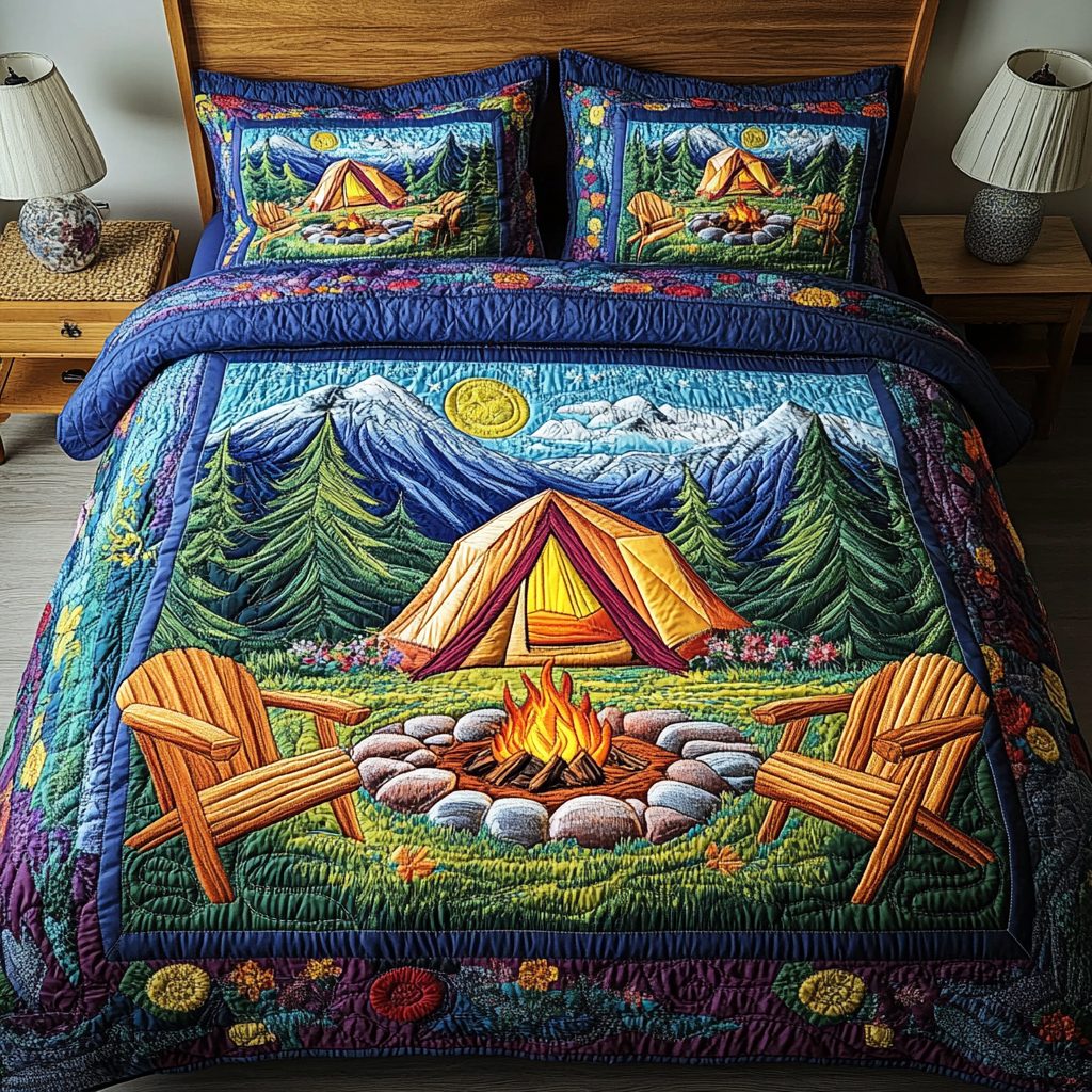 Forest Glow quilted 3-piece bedding set on a made bed with two matching pillow shams