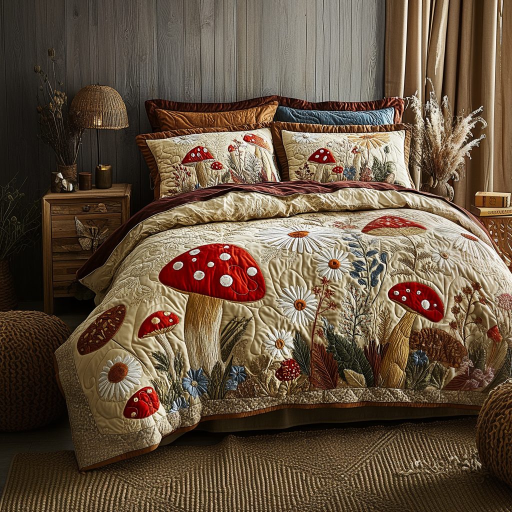 Forest Glow quilted 3-piece bedding set on a made bed with two matching pillow shams