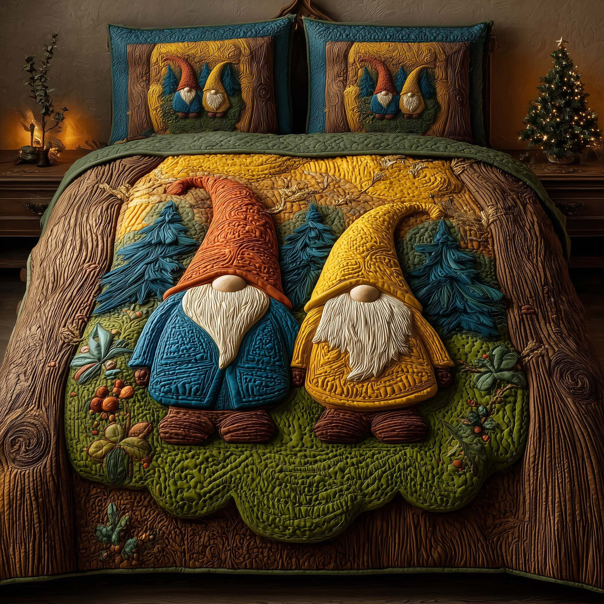 Forest Gnomes quilted 3-piece bedding set on a made bed with two matching pillow shams