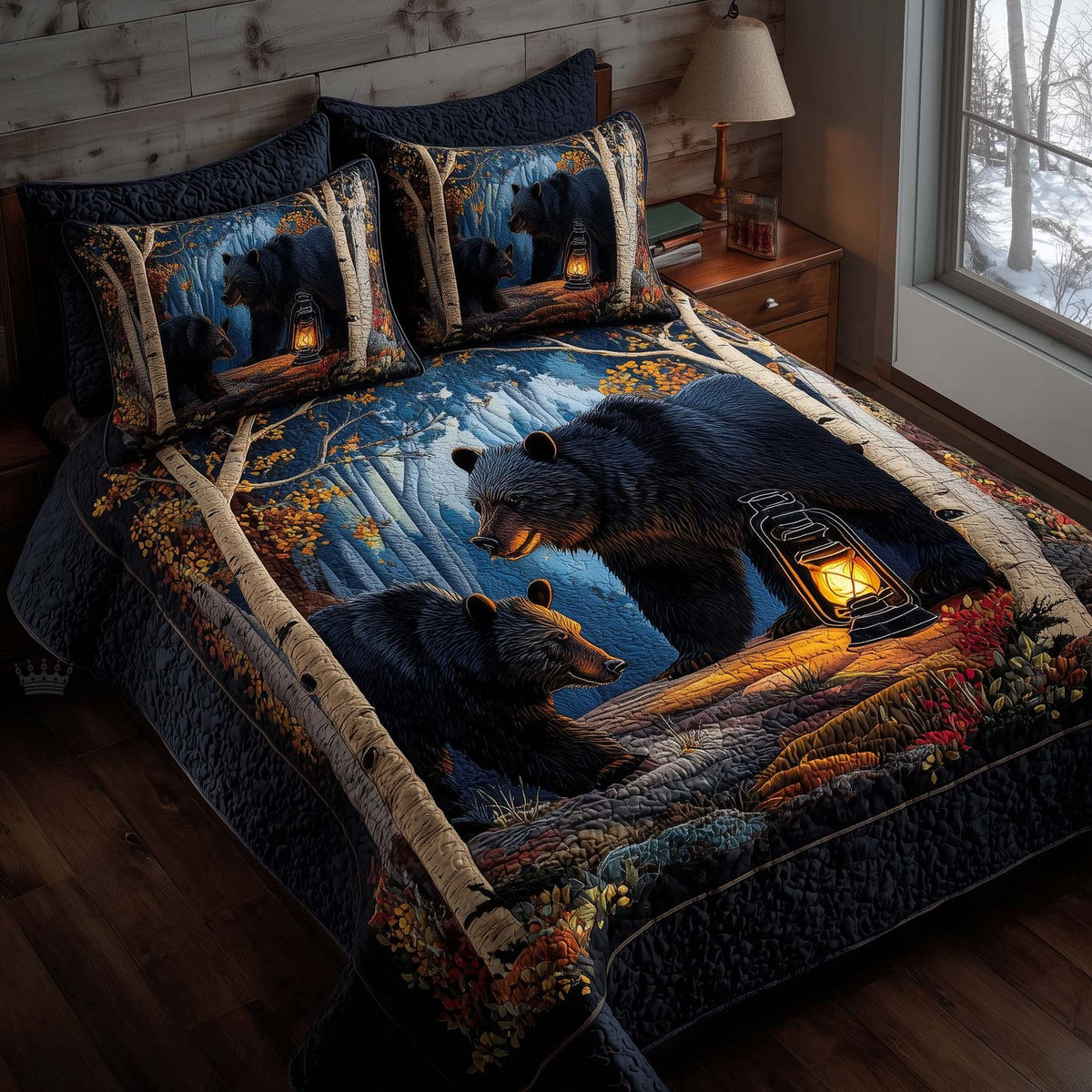 Forest Guardian quilted 3-piece bedding set on a made bed with two matching pillow shams