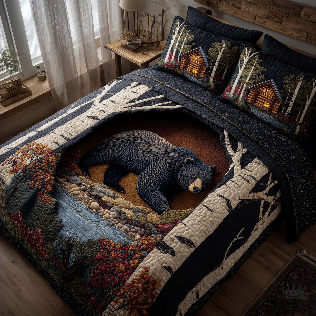 Forest Guardian quilted 3-piece bedding set on a made bed with two matching pillow shams