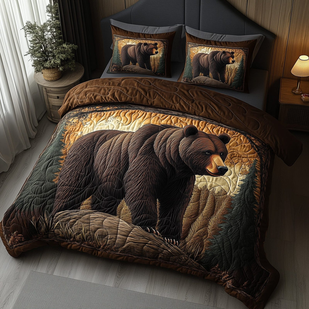 Forest Guardian quilted 3-piece bedding set on a made bed with two matching pillow shams