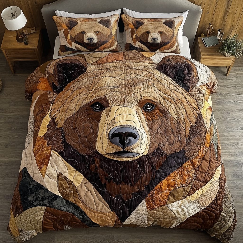 Forest Guardian quilted 3-piece bedding set on a made bed with two matching pillow shams