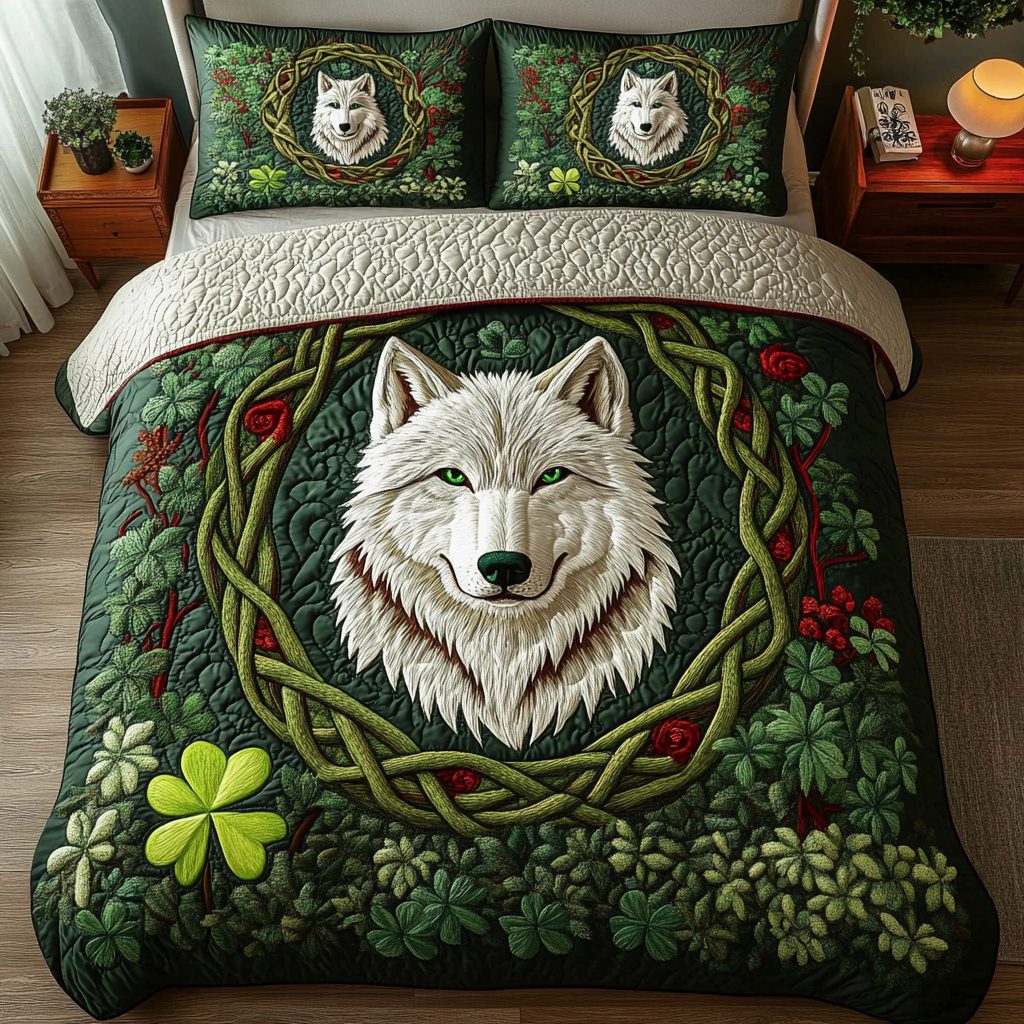 Forest Guardian quilted 3-piece bedding set on a made bed with two matching pillow shams