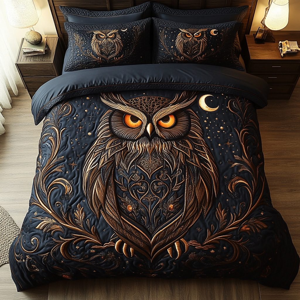 Forest Guardian quilted 3-piece bedding set on a made bed with two matching pillow shams
