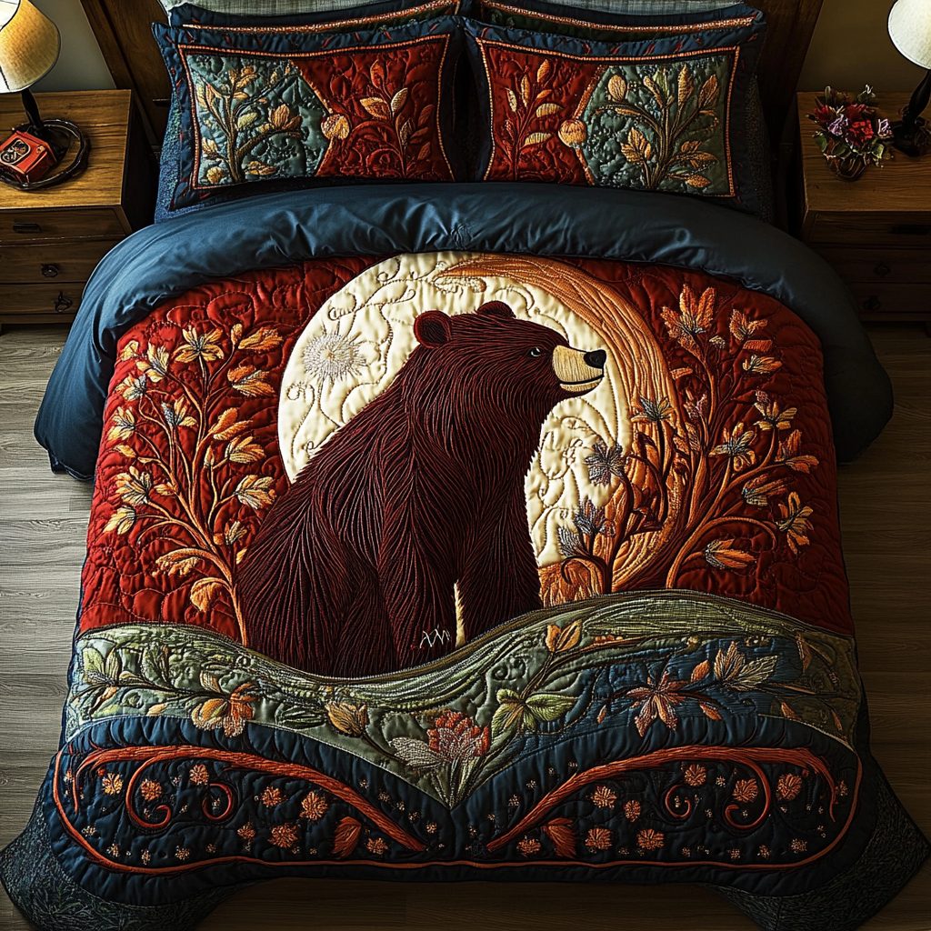 Forest Guardian quilted 3-piece bedding set on a made bed with two matching pillow shams
