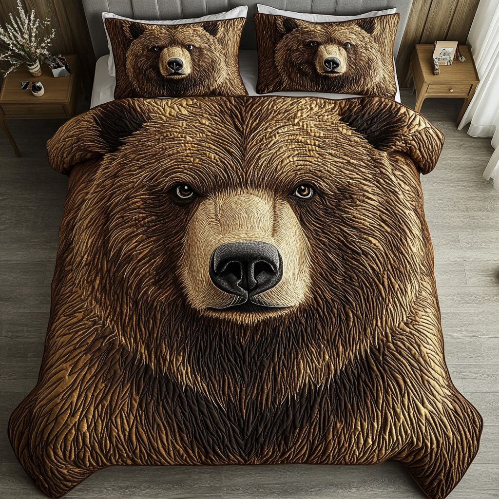 Forest Guardian quilted 3-piece bedding set on a made bed with two matching pillow shams