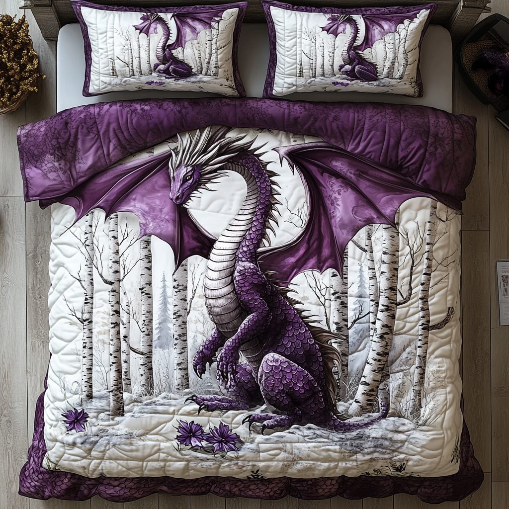 Forest Guardian quilted 3-piece bedding set on a made bed with two matching pillow shams