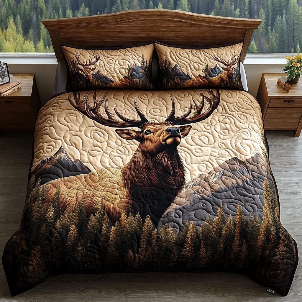 Forest Guardian quilted 3-piece bedding set on a made bed with two matching pillow shams