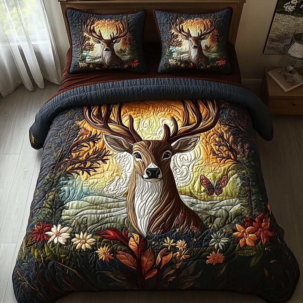 Forest Guardian quilted 3-piece bedding set on a made bed with two matching pillow shams