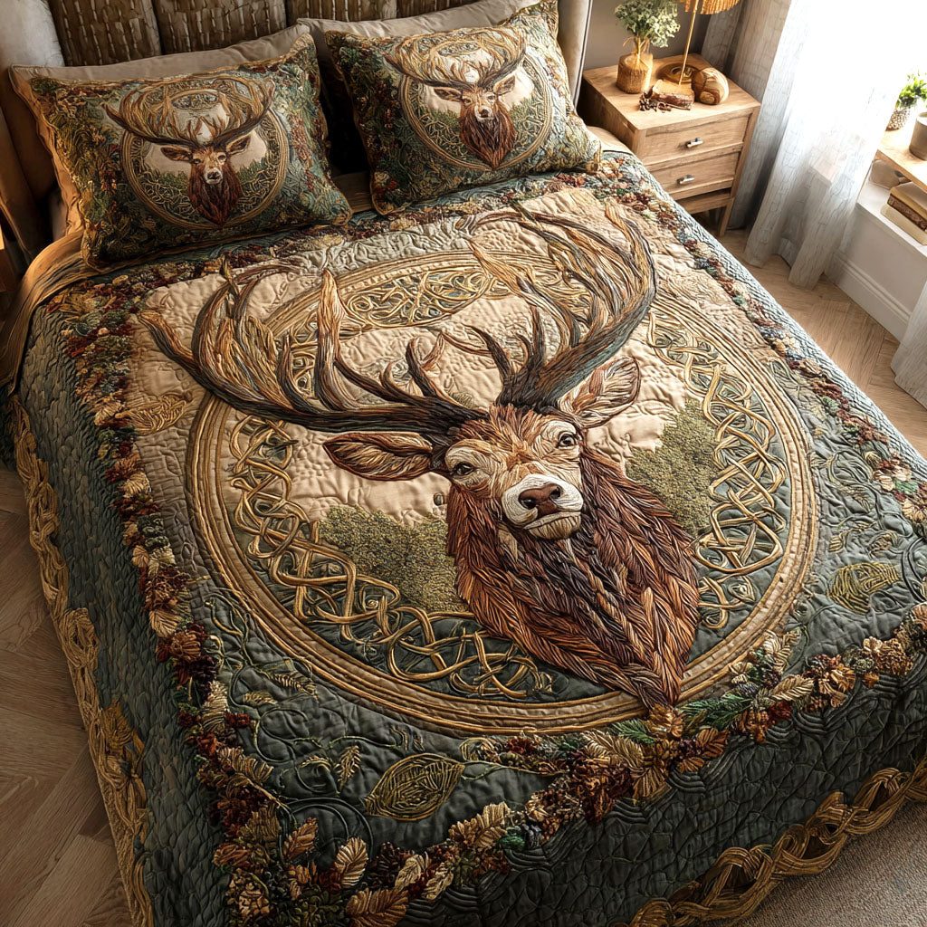 Forest Guardian quilted 3-piece bedding set on a made bed with two matching pillow shams