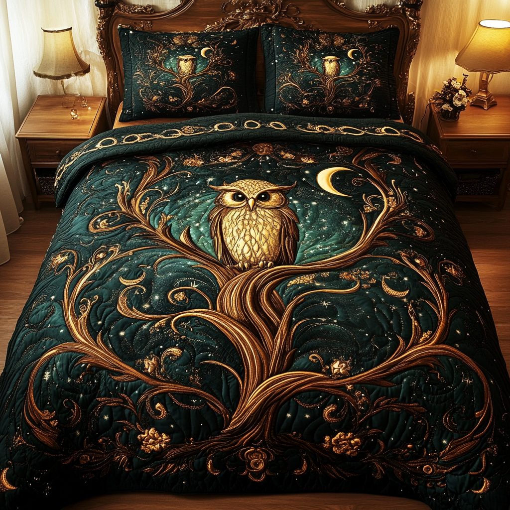 Forest Guardian quilted 3-piece bedding set on a made bed with two matching pillow shams