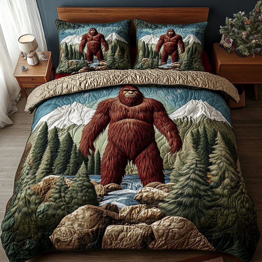 Forest Guardian quilted 3-piece bedding set on a made bed with two matching pillow shams