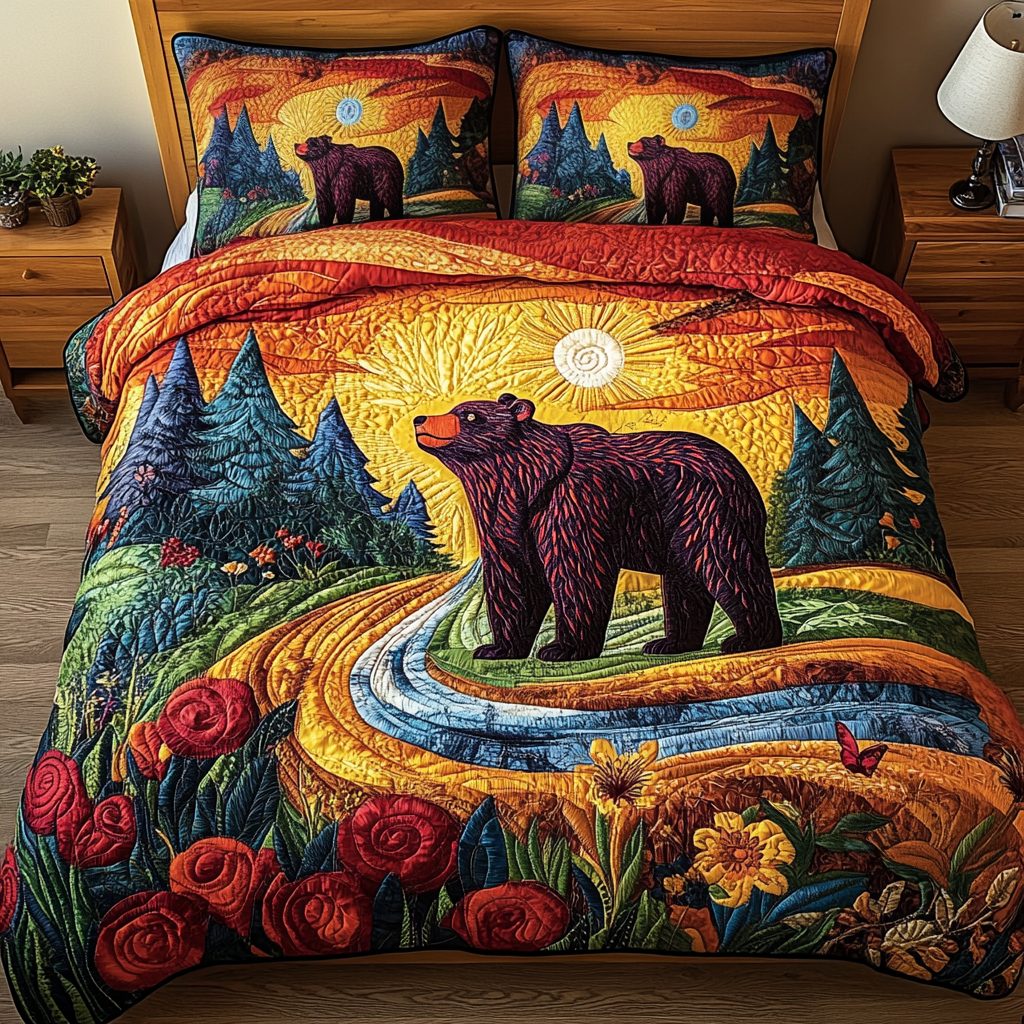 Forest Guardian quilted 3-piece bedding set on a made bed with two matching pillow shams