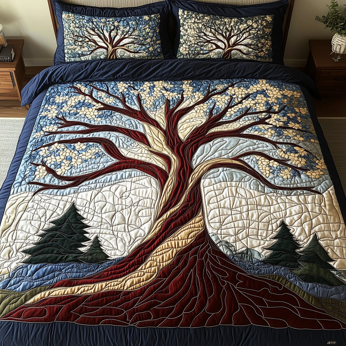 Forest Harmony quilted 3-piece bedding set on a made bed with two matching pillow shams