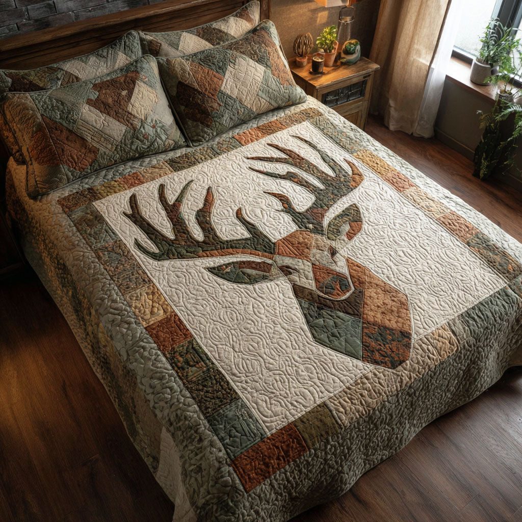 Forest Haven quilted 3-piece bedding set on a made bed with two matching pillow shams
