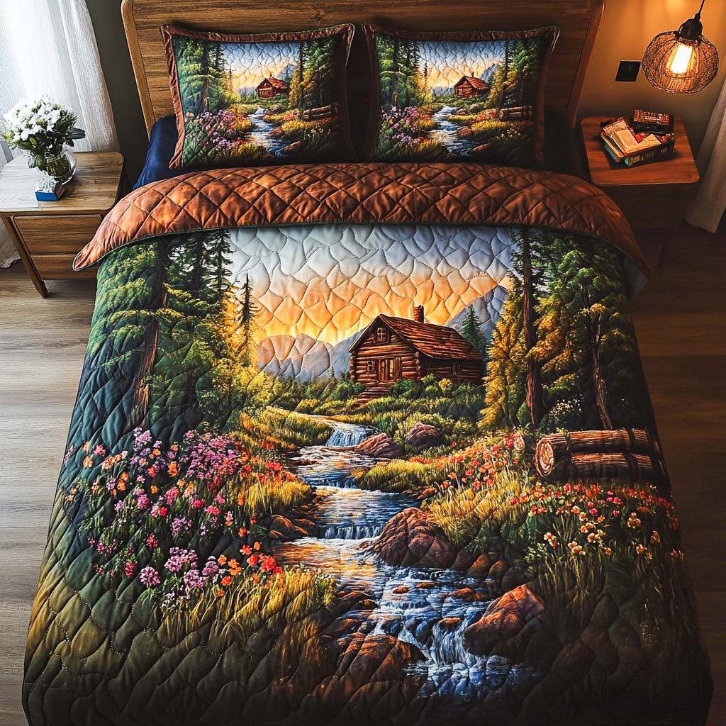 Forest Haven quilted 3-piece bedding set on a made bed with two matching pillow shams