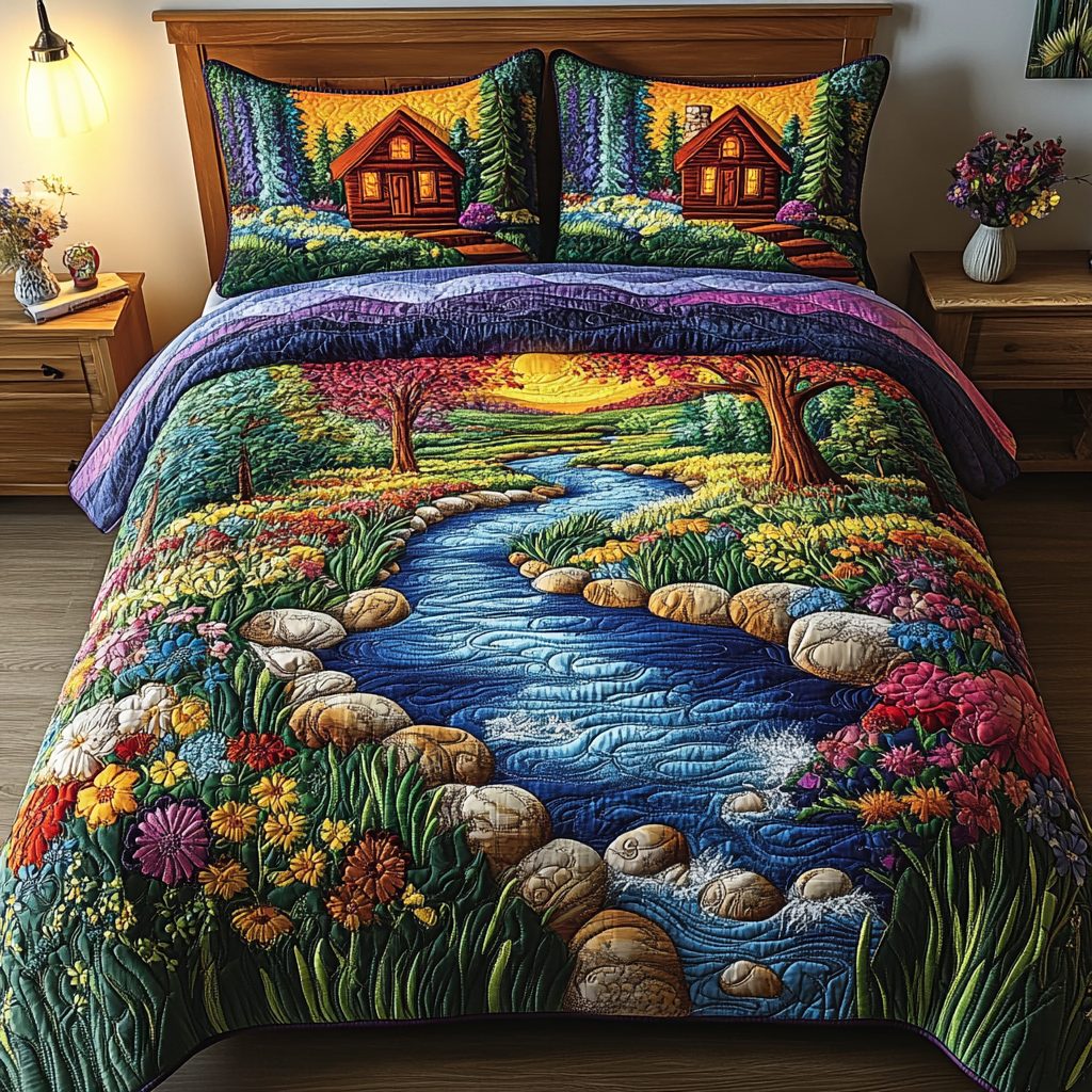 Forest Haven quilted 3-piece bedding set on a made bed with two matching pillow shams