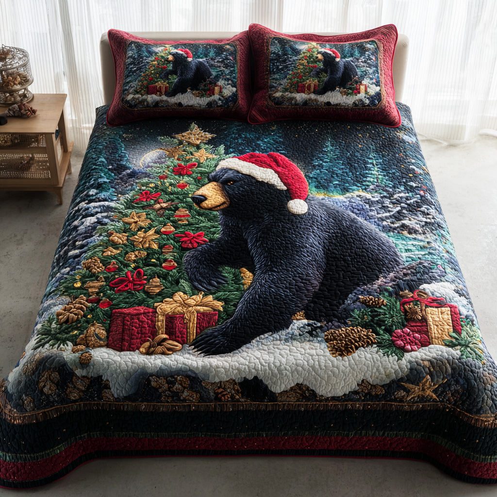 Forest Holiday Bear quilted 3-piece bedding set on a made bed in a winter-styled bedroom