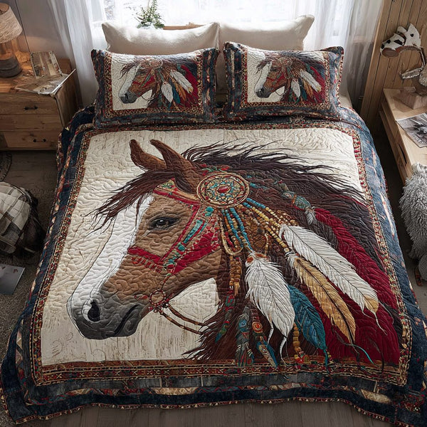 Forest Horse quilted 3-piece bedding set on a made bed in a rustic timber bedroom