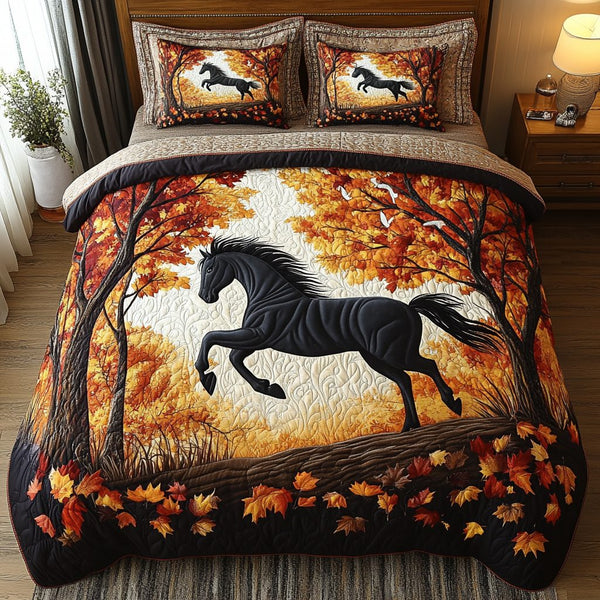 Forest Horse quilted 3-piece bedding set on a made bed in a rustic timber bedroom