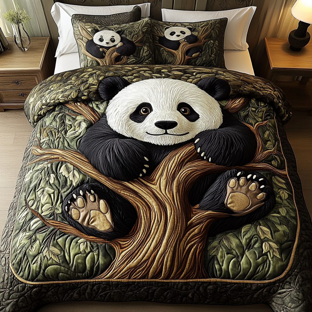 Forest Hug quilted 3-piece bedding set on a made bed with two matching pillow shams