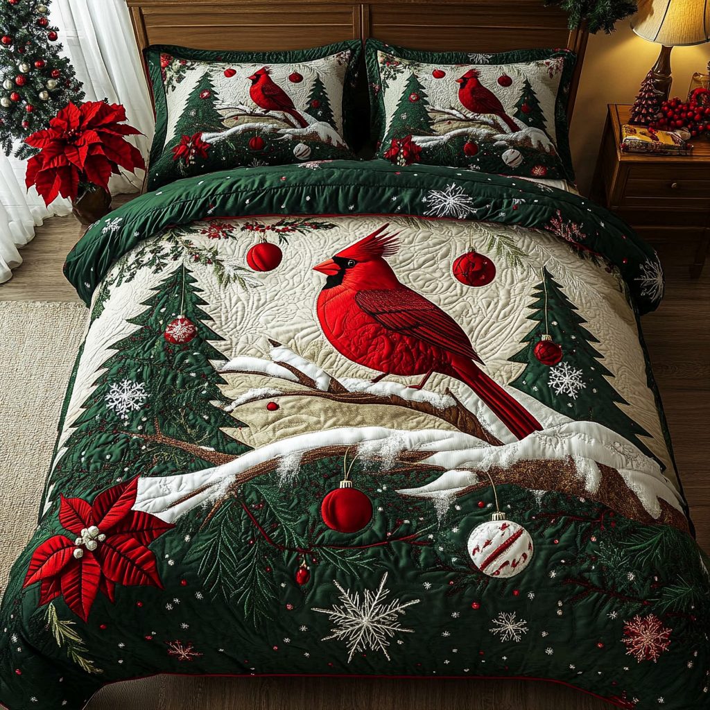 Forest Jewel quilted 3-piece bedding set on a made bed with two matching pillow shams