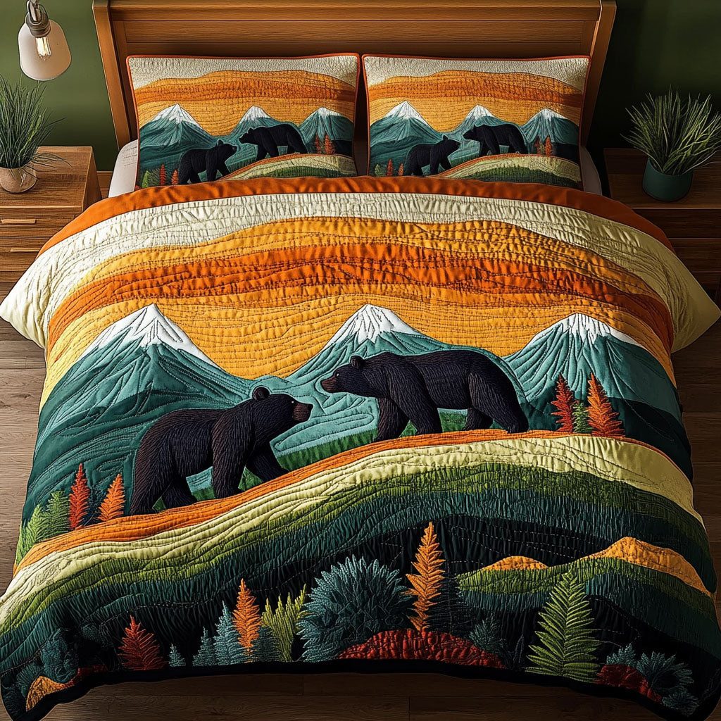 Forest Journey quilted 3-piece bedding set on a made bed with two matching pillow shams