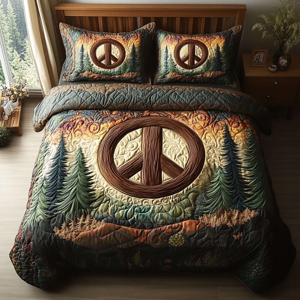 Forest Light quilted 3-piece bedding set on a made bed with two matching pillow shams