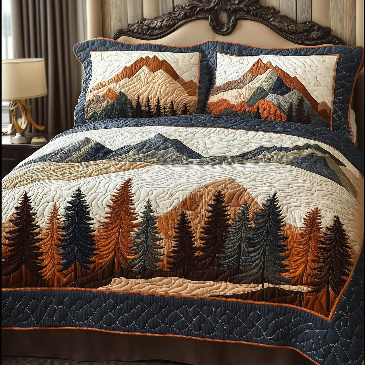 Forest Lodge quilted 3-piece bedding set on a made bed with two matching pillow shams
