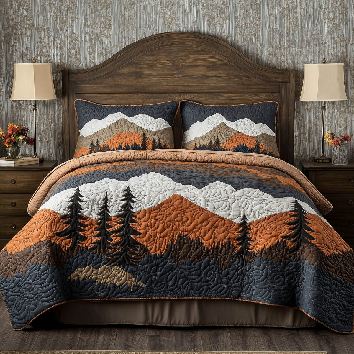 Forest Lodge quilted 3-piece bedding set on a made bed with two matching pillow shams