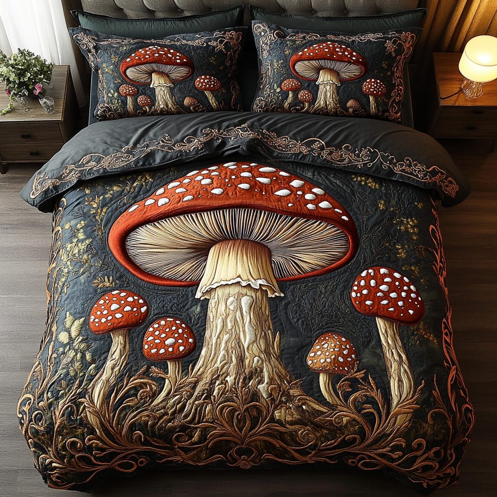 Forest Magic quilted 3-piece bedding set on a made bed with two matching pillow shams