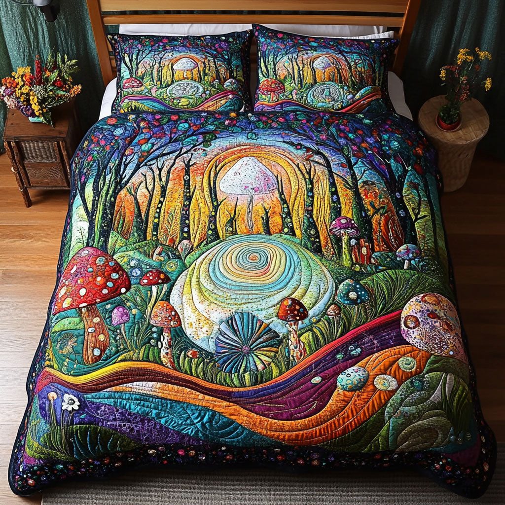 Forest Magic quilted 3-piece bedding set on a made bed with two matching pillow shams