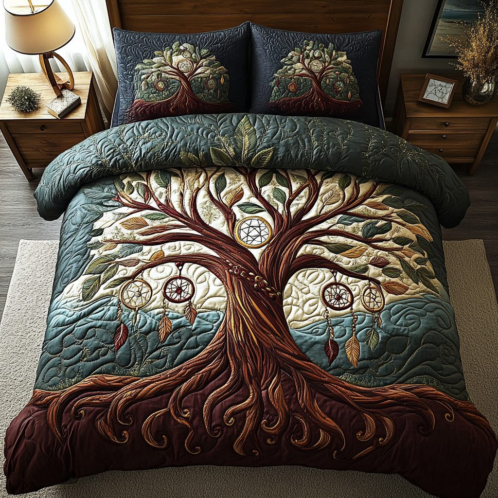Forest Magic quilted 3-piece bedding set on a made bed with two matching pillow shams