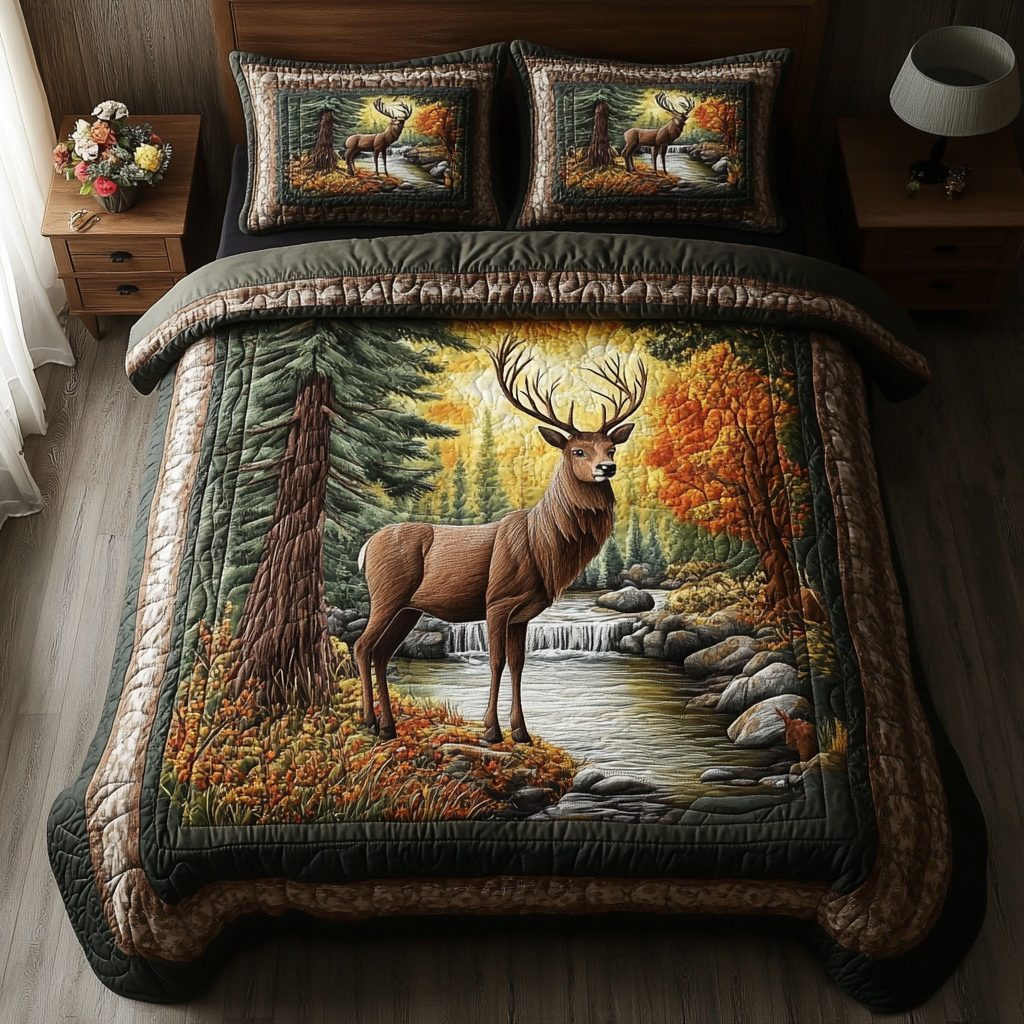 Forest Majesty quilted 3-piece bedding set on a made bed with two matching pillow shams
