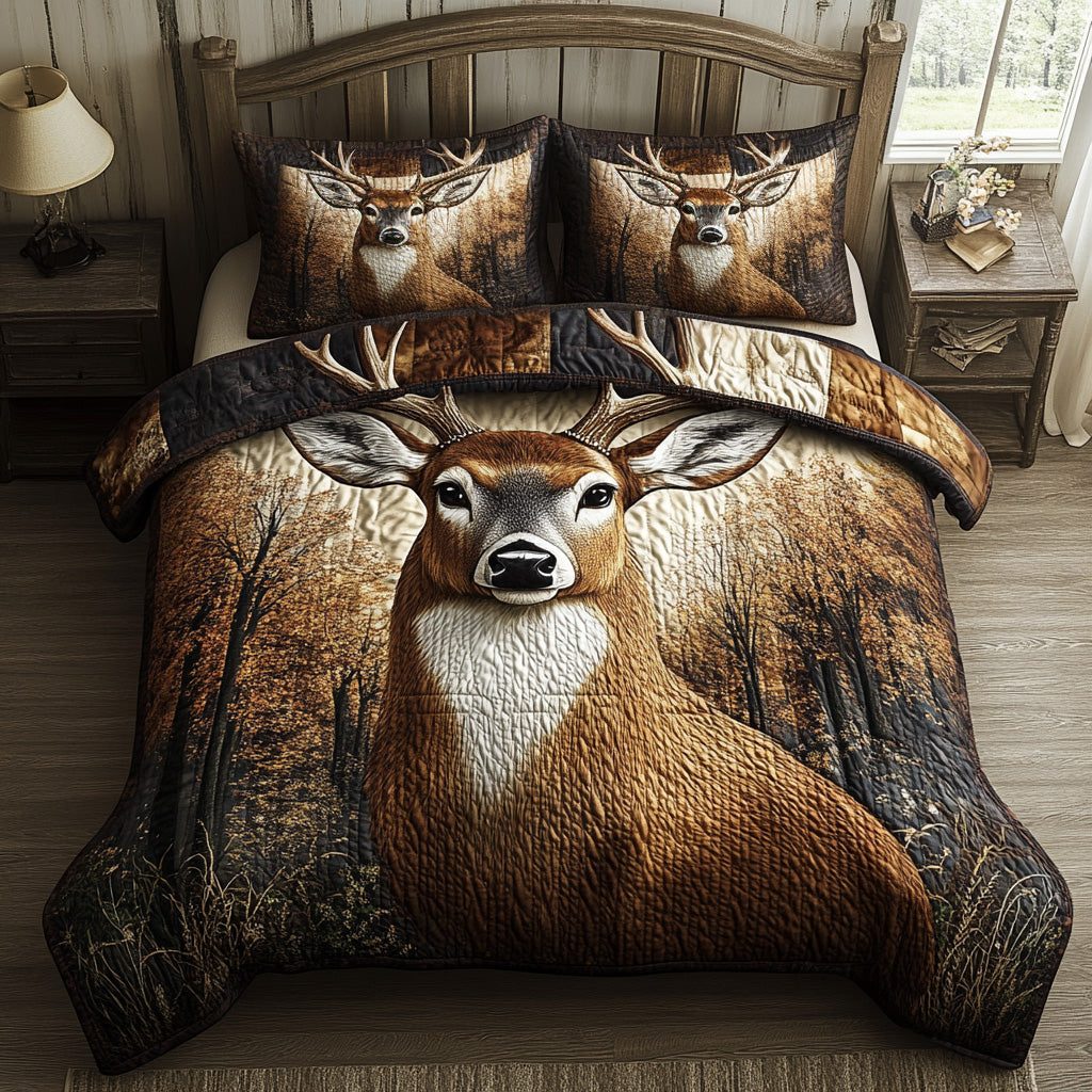 Forest Majesty quilted 3-piece bedding set on a made bed with two matching pillow shams
