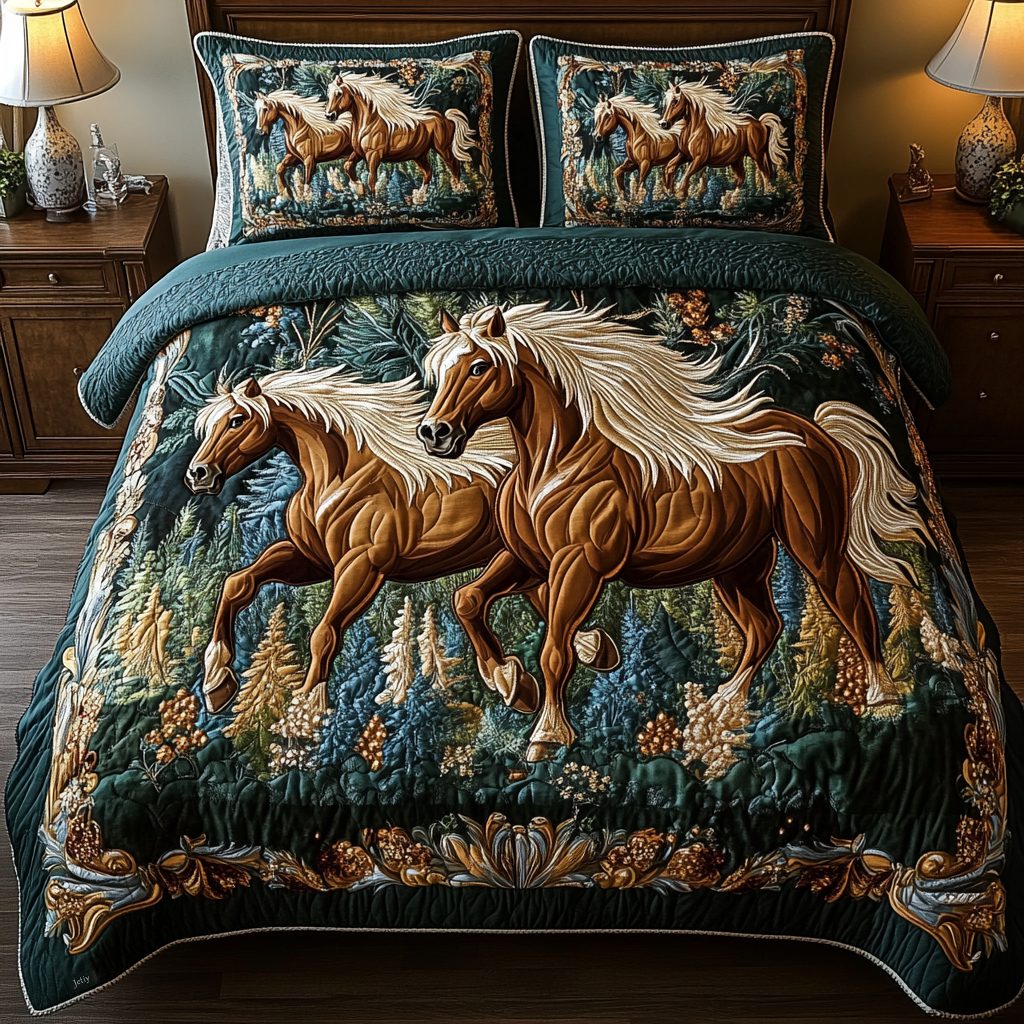 Forest Majesty quilted 3-piece bedding set on a made bed with two matching pillow shams