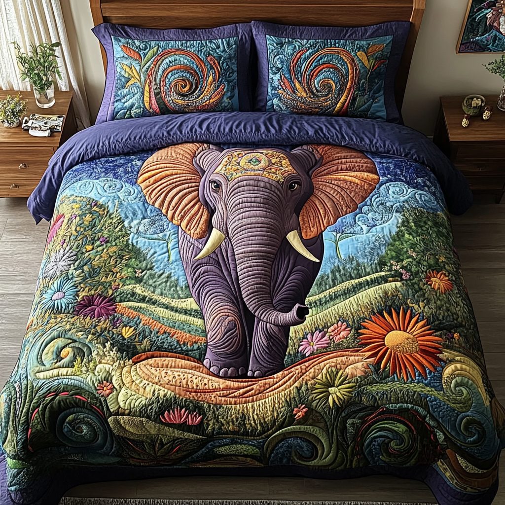 Forest Majesty quilted 3-piece bedding set on a made bed with two matching pillow shams