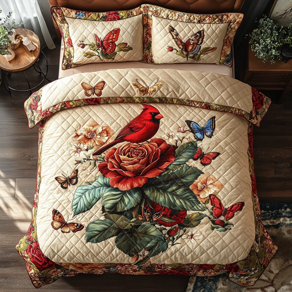 Forest Messenger quilted 3-piece bedding set on a made bed with two matching pillow shams