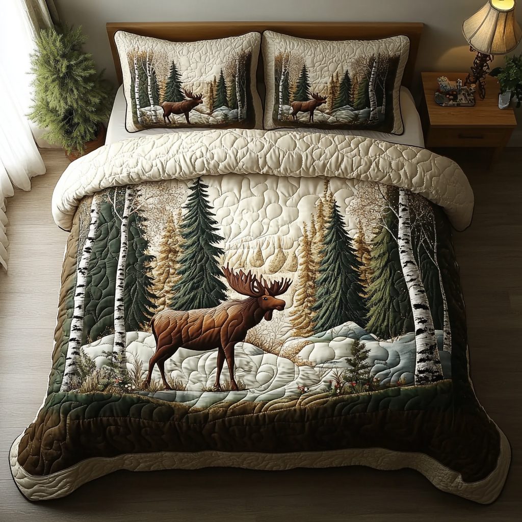 Forest Moose quilted 3-piece bedding set on a made bed with two matching pillow shams