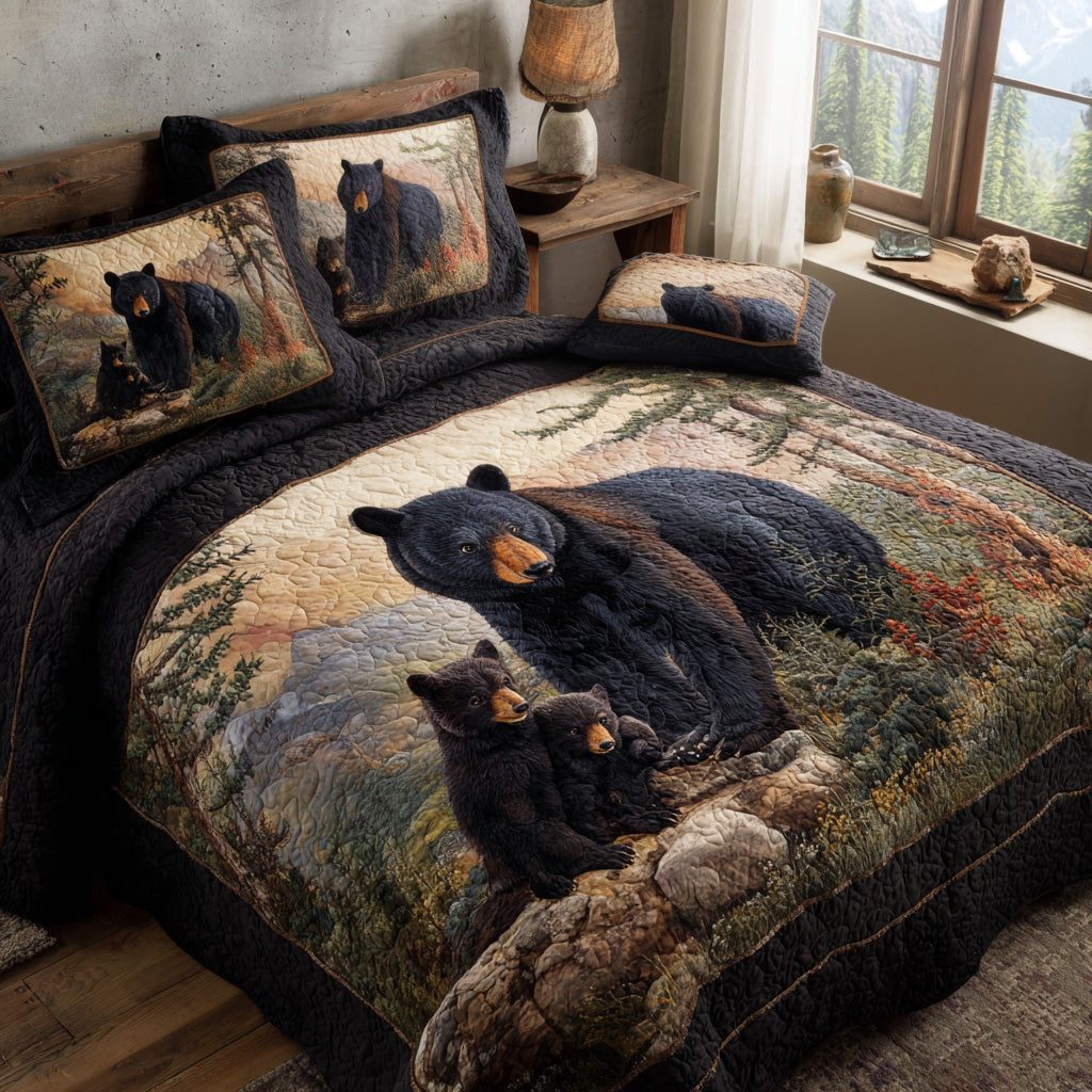 Forest Path Black Bear quilted 3-piece bedding set on a made bed with two matching pillow shams
