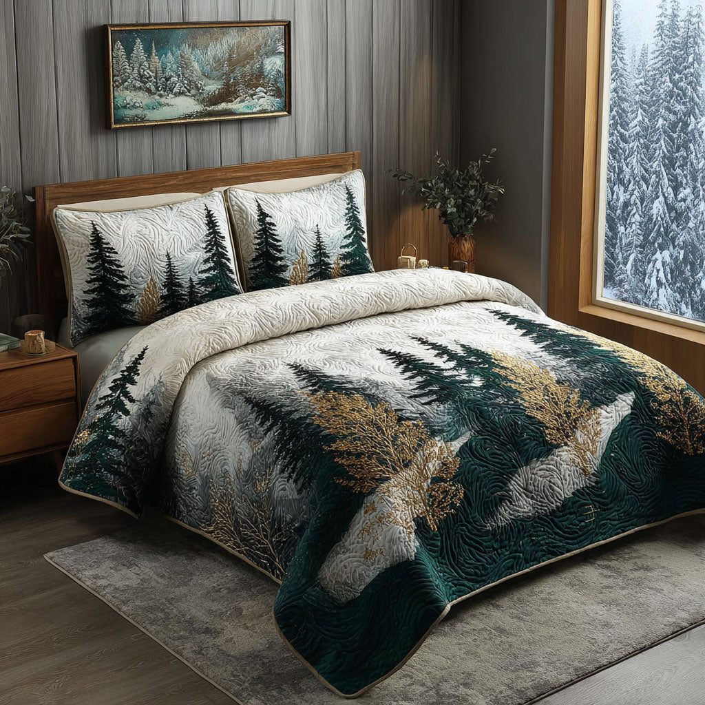 Forest Path quilted 3-piece bedding set on a made bed with two matching pillow shams