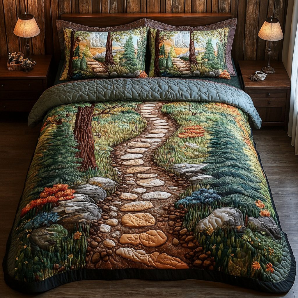 Forest Path quilted 3-piece bedding set on a made bed with two matching pillow shams