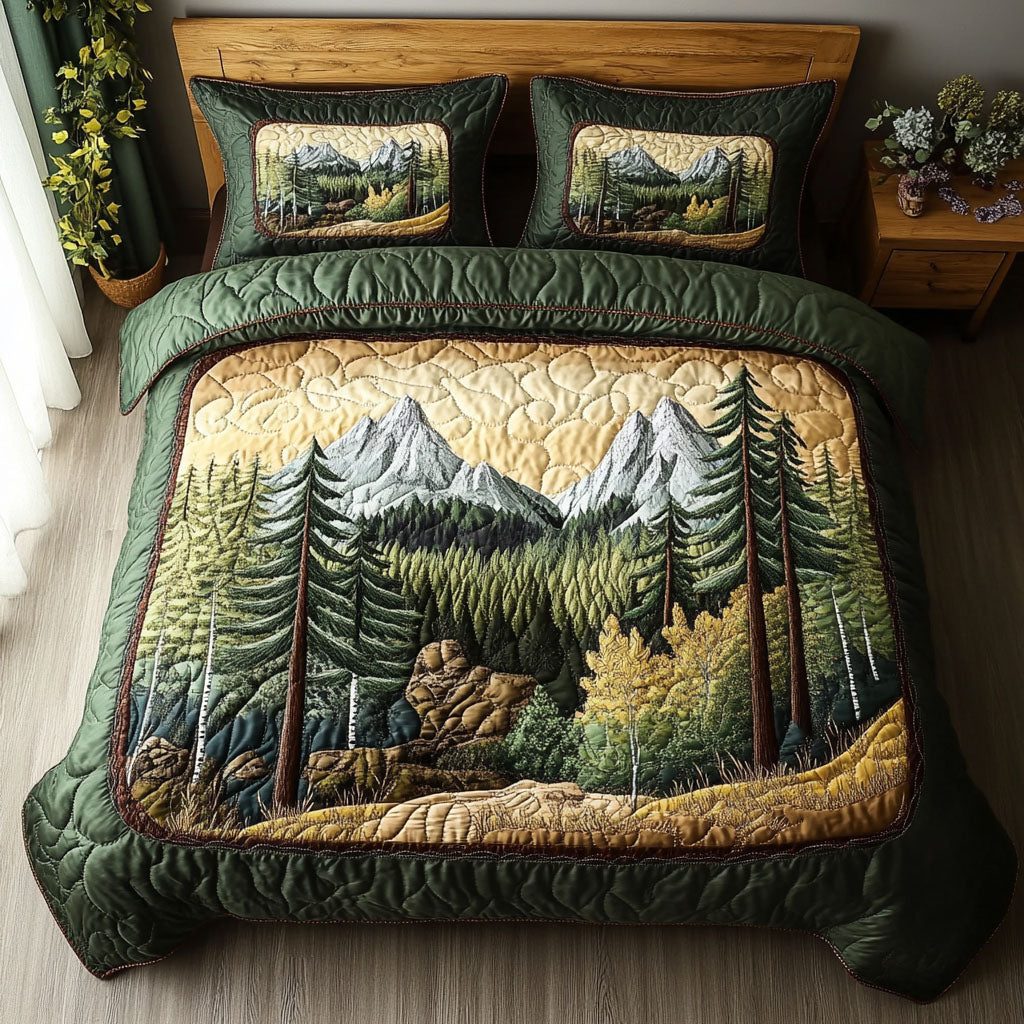 Forest Pathway quilted 3-piece bedding set on a made bed with two matching pillow shams