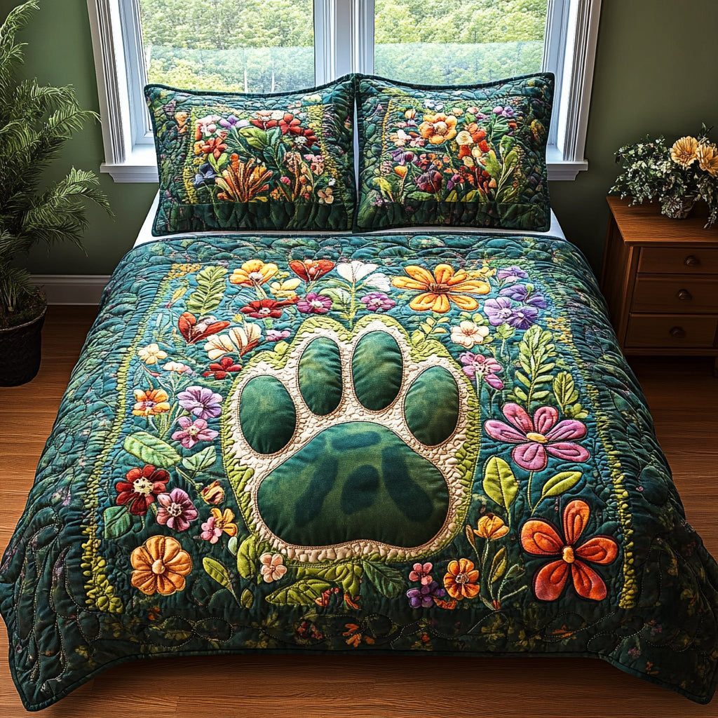 Forest Paws quilted 3-piece bedding set on a made bed with two matching pillow shams