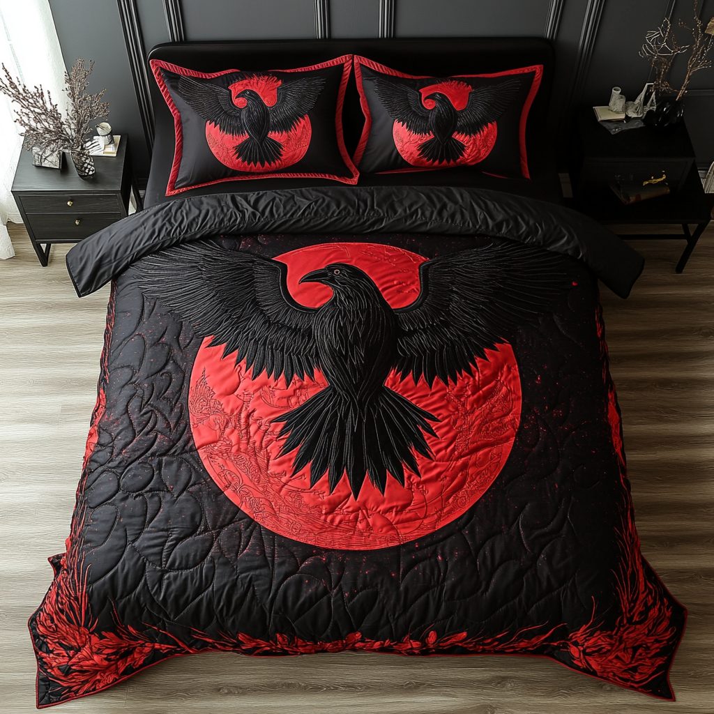 Forest Phantom quilted 3-piece bedding set on a made bed with two matching pillow shams