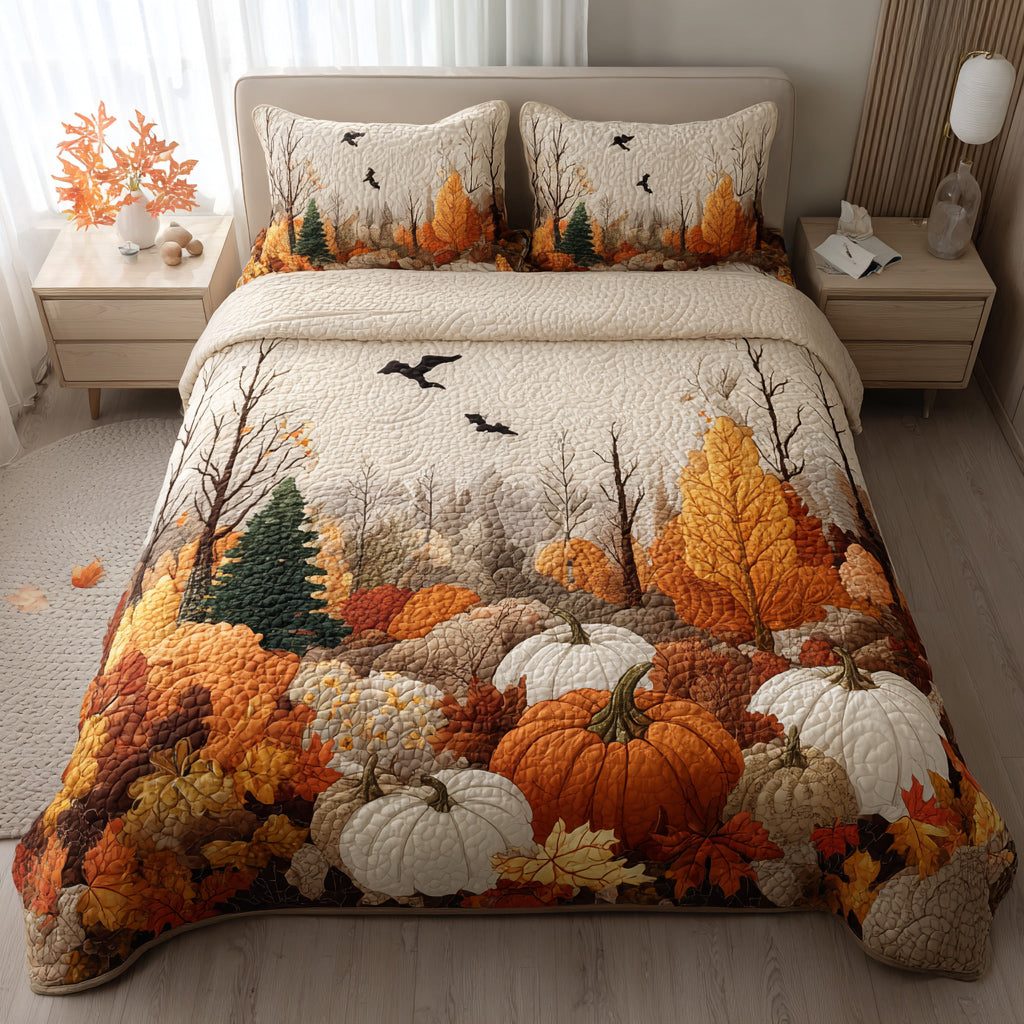 Forest Pumpkin Patch quilted 3-piece bedding set on a made bed against a dark styled interior