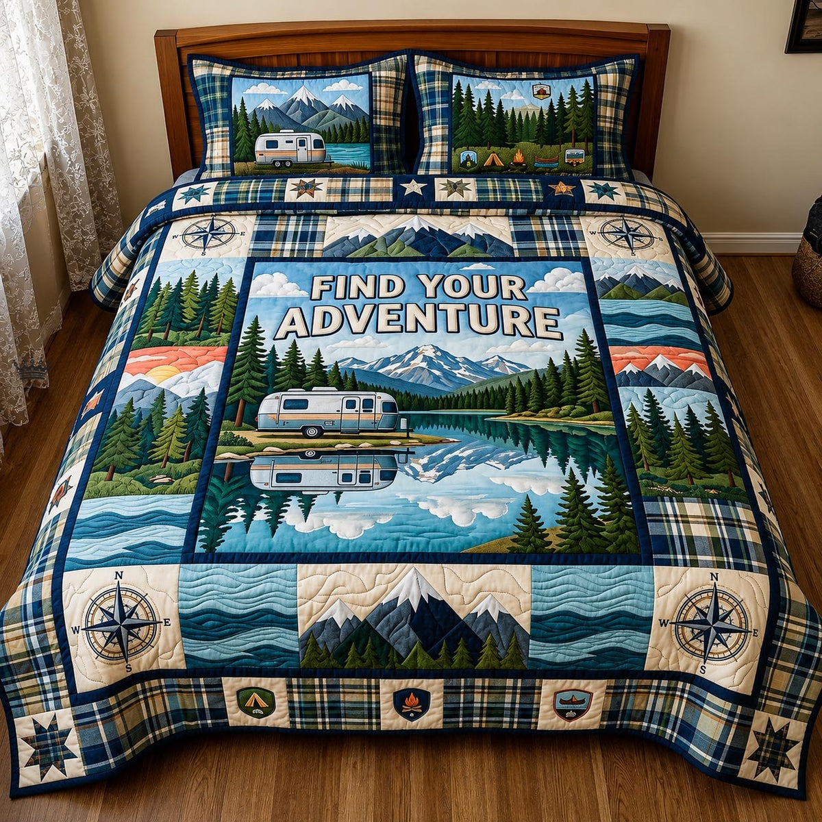 Forest Retreat quilted 3-piece bedding set on a made bed with two matching pillow shams